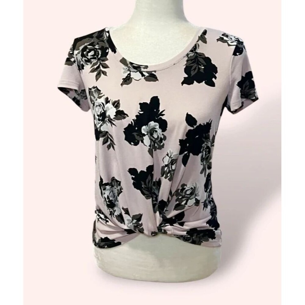 Candie’s Pink & Black Rose Print Short Sleeve Blouse Knotted Hem Juniors XS Y2K